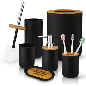 Livhil 6 Pcs Bamboo and Plastic Bathroom Accessories Sets