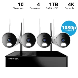 Night Owl 10 Channel 4K Wi-Fi NVR with 1TB Hard Drive and 4 Wi-Fi IP 1080p HD Spotlight Cameras